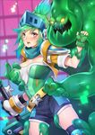  1girl arcade_(league_of_legends) breast_grab breasts cleavage fingerless_gloves fuya_(tempupupu) gloves goo_guy grabbing green_hair groping league_of_legends monster monster_boy nail_polish riven_(league_of_legends) shorts slime zac 