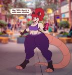  2019 absurd_res anthro beverage big_breasts big_butt big_thighs bra breast_expansion breasts butt clothed clothing dialogue didelphid digital_media_(artwork) english_text expansion eyeshadow female fur gloves_(marking) hair hi_res huge_breasts hyper leggings legwear lipstick makeup mammal markings marsupial midriff multicolored_fur open_mouth panties pink_nose red_eyes red_hair smile socks_(marking) soda solo sports_bra standing stunnerpony tania_(stunnerpone) text thick_thighs toes tongue underwear voluptuous wide_hips 