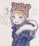  1boy animal_hat animal_print blush cat_hat coat fangs fur_trim greyscale hat hood k-san leopard_print male_focus monochrome open_mouth spot_color translation_request upper_body yuri!!!_on_ice yuri_plisetsky 