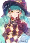  1girl black_gloves breasts eyeshadow fiore_burnelli gloves green_hair lipstick looking_at_viewer makeup pomiko_(mokokkokon) smile solo star_ocean star_ocean_integrity_and_faithlessness upper_body wink witch_hat yellow_eyes 