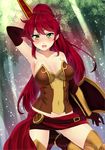  1girl armpits bare_shoulders belt black_gloves blush breasts cleavage corset elbow_gloves female forest gloves go-it greaves green_eyes legs long_hair looking_at_viewer nature no_choker open_mouth outdoors ponytail pyrrha_nikos red_hair rwby shield skirt solo strapless sunlight tiara tree 