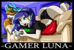  2girls ass blue_eyes blue_hair breasts celestia_(my_little_pony) controller couch headset highres luna_(my_little_pony) multiple_girls my_little_pony my_little_pony_friendship_is_magic panties personification purple_eyes rainbow_hair shonuff44 tan underwear 