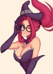  1girl absurdres aqua_eyes bare_shoulders bewitching_janna breasts carlos_eduardo cleavage crescent cropped_torso elbow_gloves floating_hair glasses gloves hat highres janna_windforce large_breasts league_of_legends looking_at_viewer one_eye_closed parted_lips ponytail red_hair sepia_background sidelocks simple_background sleeveless smile solo upper_body witch_hat 