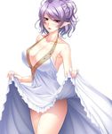  1girl aikawa_arisa bare_shoulders blush breasts cleavage dress female helene helene_(taimanin_asagi) large_breasts long_hair looking_at_viewer open_mouth pointy_ears purple_eyes purple_hair shiny_skin smile solo standing taimanin_asagi taimanin_asagi_battle_arena white_hair 