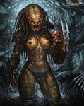  1girl areolae armor bikini breasts claws fangs nipples predator predator_(movie) skull swimsuit weapon 