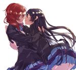  2girls alternate_hairstyle bangs black_legwear blazer bow bowtie_removed brown_hair cardigan fetal_position hair_bow hand_on_another&#039;s_knee hand_on_another's_knee jacket jacket_removed kneehighs lap_pillow loafers long_hair long_sleeves loose_clothes love_live!_school_idol_project miniskirt multiple_girls necktie necktie_removed nishikino_maki one_side_up plaid plaid_skirt red_bow red_eyes red_hair school_uniform sen&#039;yuu_yuuji sen'yuu_yuuji shirt shoes shoes_removed short_hair single_shoe sitting skirt skirt_removed small_breasts sonoda_umi striped striped_necktie swept_bangs white_shirt yuri 