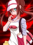  bag brown_hair dandi double_bun green_eyes handbag highres long_hair mei_(pokemon) poke_ball pokemon pokemon_(game) pokemon_bw2 skirt twintails visor_cap 