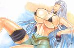  1girl beach belt bikini black_bikini breasts chris_foulkes cleavage collar curvy daikkenaurora erect_nipples eyes_closed gloves huge_breasts knee_up leg_up legs long_hair navel parted_lips partially_submerged reclining sand selvaria_bles senjou_no_valkyria senjou_no_valkyria_1 side-tie_bikini silver_hair solo strap_gap swimsuit thigh_strap thighs underboob untied water wet wide_hips 