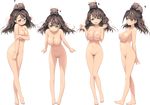  :o absurdres akata_itsuki animal animal_on_head barefoot blush breasts brown_hair censored full_body green_eyes hair_ribbon highres kokoro_rista! leaning_forward long_hair looking_at_viewer medium_breasts mercedes_japon_urena mosaic_censoring multiple_views navel nipples nude on_head open_mouth pussy ribbon smile transparent_background 