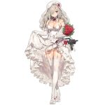  1girl assault_rifle bangs banned_artist beret blush bouquet braid breasts bridal_veil bride choker cleavage closed_mouth clothes_lift crossed_legs dress dress_lift elbow_gloves eyebrows_visible_through_hair flower full_body g36c_(girls&#039;_frontline) garter_straps girls&#039;_frontline gloves gun h&amp;k_g36c hair_over_one_eye hat high_heels holding holding_bouquet lace lace-trimmed_legwear lace_trim large_breasts lifted_by_self long_hair looking_at_viewer official_alternate_costume official_art parsley-f red_eyes red_flower red_rose rifle rose side_braid sidelocks silver_hair smile solo strapless strapless_dress thighhighs transparent_background veil very_long_hair watson_cross wavy_hair weapon wedding_dress white_dress white_footwear white_gloves white_headwear white_legwear 