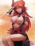 1girl areolae breasts breasts_outside bukkake choker cum cum_on_body cum_on_breasts cum_on_upper_body dark_arts_kai facial female gauntlets horns large_breasts long_hair looking_at_viewer nipples open_clothes open_mouth original red_hair sitting solo sunset tongue tongue_out yellow_eyes 