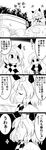  2girls 4koma :3 ^_^ absurdres animal_ears black_dress bowl carrying checkered closed_eyes comic commentary dress eighth_note flying_sweatdrops futa_(nabezoko) futatsuiwa_mamizou glasses greyscale highres hijiri_byakuren japanese_clothes kiseru layered_dress leaf leaf_on_head long_hair long_sleeves monochrome multiple_girls musical_note no_eyes pipe raccoon_ears rock scarf short_hair sparkle suitcase sweat tokkuri touhou translated tree tsukumogami white_dress wide_sleeves 