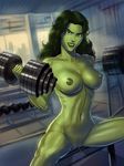  1girl avengers breasts green_eyes green_hair green_skin lips looking_at_viewer marvel navel nipples nude pussy she-hulk solo sunsetriders7 sweat uncensored 