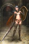  1girl artist_request black_hair black_knight_(dark_souls) breasts dark_souls horns kuratch looking_at_viewer red_eyes shield souls_(from_software) sword weapon 