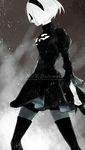  1girl artist_request blindfold dress hairband monochrome nier nier:_automata short_hair solo thighhighs yorha_no.2_type_b 