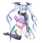  1girl blue_hair bra breasts cleavage erect_nipples female green_eyes large_breasts long_hair looking_at_viewer midriff nega96396 original panties simple_background smile socks solo underwear wings 