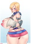  1girl areolae ashelia_b&#039;nargin_dalmasca ashelia_b'nargin_dalmasca ass between_labia blonde_hair blue_eyes blush breasts breasts_outside butt_crack deeezel final_fantasy final_fantasy_xii from_behind g-string huge_ass huge_breasts looking_at_viewer looking_back microskirt nipples plump pubic_hair puffy_nipples short_hair solo thick_thighs thong wide_hips 