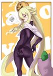  1girl angelia_avallone aq_interactive arcana_heart ass blonde_hair blush bodysuit breasts capelet deep_skin drill_hair ere_(2516325) erect_nipples examu from_behind halloween halo hand_on_ass jack-o-lantern long_hair looking_down open_mouth pantylines parted_lips red_eyes skin_tight small_breasts solo spoken_squiggle stuffed_toy sweatdrop very_long_hair 