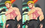  1boy abs blonde_hair body_hair bulge glasses male_focus muscle nipples pecs penis tagme torn_clothes undressing 