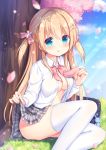  1girl :q bag bag_charm blonde_hair blue_sky blurry blurry_background blush bow breasts charm_(object) cherry_blossoms cleavage closed_mouth cloud collared_shirt commentary_request day depth_of_field dress_shirt feet_out_of_frame flower grass grey_skirt hair_bow hair_flower hair_ornament ikataruto lifted_by_self long_hair looking_at_viewer medium_breasts moe2019 no_bra on_grass original outdoors petals pink_bow pink_flower plaid plaid_skirt pleated_skirt school_bag school_uniform shirt sitting skirt skirt_lift sky smile solo thighhighs tongue tongue_out tree two_side_up very_long_hair white_legwear white_shirt 