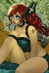  1girl bare_shoulders blue_eyes breasts choker cleavage freckles hector_enrique_sevilla_lujan midriff mole mole_on_breast mole_under_mouth original parted_lips plump red_hair sitting smile solo stomach 