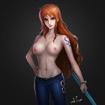  1girl areolae breasts brown_eyes female large_breasts long_hair looking_at_viewer lt nami_(one_piece) navel nipples one_piece orange_hair parted_lips smile solo standing tagme topless 