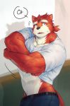  abs anthro biceps canid canine clothed clothing fur hair kuron male mammal muscular muscular_male pecs solo 