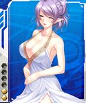  aikawa_arisa bare_shoulders blush breasts card_(medium) cleavage dress female helene_(taimanin_asagi) large_breasts one_eye_closed pointy_ears purple_eyes purple_hair smile solo standing taimanin_asagi taimanin_asagi_battle_arena 