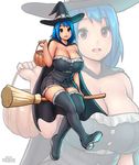  1girl bare_shoulders blue_hair boots breasts broom candy cape cleavage curvy erkaz female flying halloween huge_breasts legs looking_at_viewer miniskirt open_mouth original red_eyes rina_atherina sitting skirt smile solo thighhighs wide_hips witch witch_hat 