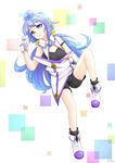  1boy artist_request blue_hair boots bulge gloves hacka_doll hacka_doll_3 long_hair lying male_focus purple_boots purple_eyes solo trap white_gloves 