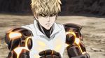  2boys animated animated_gif bald black_sclera blonde_hair cape cyborg english fighting genos gloves kanji kicking multiple_boys one-punch_man punching saitama_(one-punch_man) subtitled yellow_eyes 