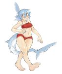  animal_humanoid bikini blue_nails blush clothed clothing colored_nails female fin fish fish_humanoid front_view hair head_fin humanoid light_skin long_tail marine marine_humanoid midriff navel orange_eyes pale_skin senatorwong shark_humanoid silver_hair simple_background smile solo spec_(senatorwong) standing swimsuit tail_fin white_background 