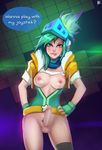  biting blue_eyes blush breasts censored green_hair helmet knightgawain league_of_legends lip_biting looking_at_viewer looking_down nail_polish newhalf nipples penis pubic_hair riven_(league_of_legends) testicles translated 
