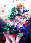  2girls arm_around_waist bishoujo_senshi_sailor_moon blonde_hair box_(hotpppink) circlet green_hair hand_holding hug kaiou_michiru magical_girl moon multiple_girls night petals sailor_collar sailor_neptune sailor_uranus skirt ten&#039;ou_haruka ten'ou_haruka white_gloves 