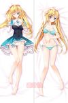  1girl absolute_duo bare_shoulders barefoot bikini blonde_hair blue_eyes blush breasts capelet cleavage frills lilith_bristol long_hair one_eye_closed panties ribbon school_uniform skirt smile solo swimsuit underwear 