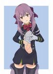  1boy 1girl cum cum_on_hair facial gloves hair_ribbon handjob hiiragi_shinoa military_uniform owari_no_seraph penis purple_hair ribbon tongue 