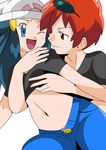  2girls blue_eyes blue_hair hainchu hikari_(pokemon) multiple_girls navel nintendo nozomi_(pokemon) pokemon red_eyes red_hair yuri 