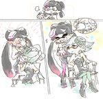  2girls ^_^ ^o^ aori_(splatoon) black_hair blush boots chair closed_eyes comic covering_face detached_collar domino_mask dress earrings embarrassed fangs food food_on_head full-face_blush gloves hand_kiss hotaru_(splatoon) jajji-kun_(splatoon) jewelry kiss long_hair mask mole mole_under_eye multiple_girls object_on_head open_mouth pantyhose penguinbu pointy_ears short_hair silent_comic sitting sleeveless smile splatoon_(series) splatoon_1 teeth tentacle_hair white_gloves white_hair yuri 