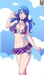  1girl bikini blue_eyes blue_hair blush breasts cleavage cloud clouds fairy_tail female juvia_loxar kyoffie large_breasts long_hair midriff navel solo swimsuit tattoo 