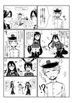  ? akutagawa_joo blush chikuma_(kantai_collection) closed_eyes comic commentary_request greyscale hair_ribbon highres kantai_collection kneeling little_boy_admiral_(kantai_collection) long_hair monochrome multiple_girls ribbon salute smile sparkle thighhighs tone_(kantai_collection) translation_request twintails 
