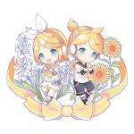  1boy 1girl absurdres bare_shoulders beamed_sixteenth_notes blonde_hair blush bow chaji_xiao_bai chibi collared_shirt detached_sleeves flower green_eyes hair_bow hair_ornament hairclip headphones heart highres holding_heart kagamine_len kagamine_rin leg_warmers musical_note neck_ribbon necktie ponytail ribbon sailor_collar shirt shorts shoulder_tattoo smile sunflower tattoo vocaloid white_background white_bow yellow_neckwear 