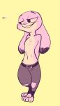  2019 anthro belt blush clothed clothing color_swatch dipstick_ears disney female flat_chested fuel_(artist) half-closed_eyes hands_behind_back judy_hopps lagomorph looking_away mammal navel nipples on_one_leg rabbit restricted_palette simple_background smile solo standing toeless_shoes topless yellow_background zootopia 