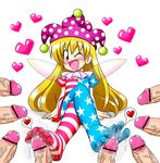  american_flag_legwear american_flag_shirt blonde_hair censored clownpiece cum cum_on_body cum_on_lower_body fairy_wings feet footjob happy_sex hat heart jester_cap legs_crossed long_hair madou multiple_penises no_shoes open_mouth penis pink_eyes polka_dot precum simple_background sitting smile spread_toes toes touhou veiny_penis wings wink 