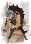  1girl against_wall ass blue_hair boots breath clothed_sex eyes_closed fairy_tail gajeel_redfox jacket levy_mcgarden midriff navel pants_down rusky scar sex stomach suspended_congress suspending_congress sweat tattoo vaginal 