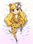  1girl animal_ears cheetah curly_hair daga dakimakura earrings gradient gradient_background jewelry long_hair on_back on_bed princess_styla simple_background smile solo spread_legs the_legend_of_zelda the_legend_of_zelda:_tri_force_heroes 