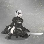  1girl artist_request black_dress blindfold breasts cleavage cleavage_cutout dress kneeling nier nier:_automata side_slit silver_hair solo sword yorha_no.2_type_b 