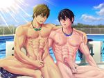  2boys abs aftersex blush cum free! male_focus multiple_boys muscle nanase_haruka_(free!) nipples outdoors pecs pool public sweat tachibana_makoto undressing water yaoi 