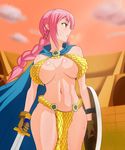  1girl armor bare_legs bikini_armor breasts cape female gladiator large_breasts long_hair one_piece pink_hair rebecca_(one_piece) shiny_skin sky stadium sweat sword weapon 