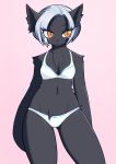  2019 anthro black_fur bra chest_fur clothed clothing digital_media_(artwork) domestic_cat felid feline felis female fur grey_hair hair mammal navel panties simple_background solo underwear unousaya white_panties yellow_eyes 