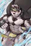  abs anthro armwear balls belt black_fur black_nose blush body_hair canid canine canis chest_hair chest_tuft clothed clothing clothing_lift coat coat_cape flaccid fur headband hi_res horkeukamui humanoid_penis kemono loincloth male mammal multicolored_fur muscular muscular_male navel nipples open_coat open_mouth penis solo taki_kaze teeth tokyo_afterschool_summoners tuft uncut vambrace video_games white_fur wolf yellow_eyes 